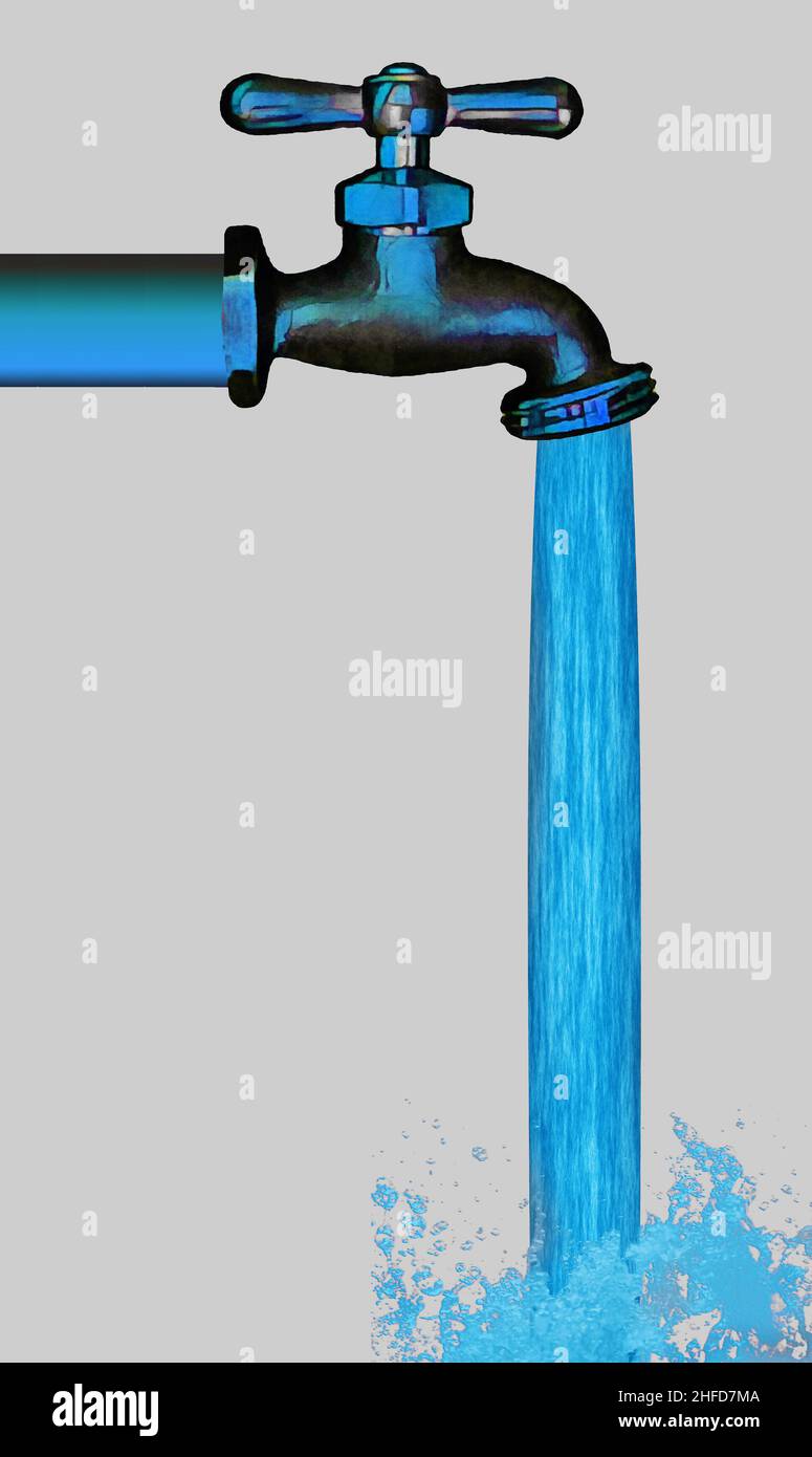 Un grifo con agua que se sale de él enmarca un área de texto en esta ilustración de 3-d que involucra plomería y agua. Foto de stock