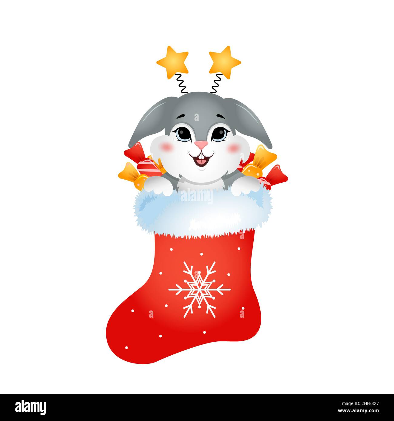 Año de conejo. Lindo conejito en calcetín navideño con caramelos