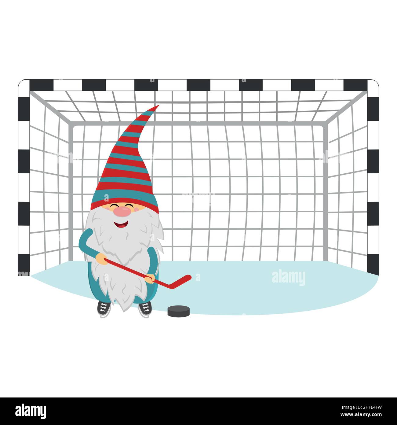 una enana alegre en invierno juega al hockey con un palo y un disco en el objetivo, vector aislado ilustración. Ilustración del Vector