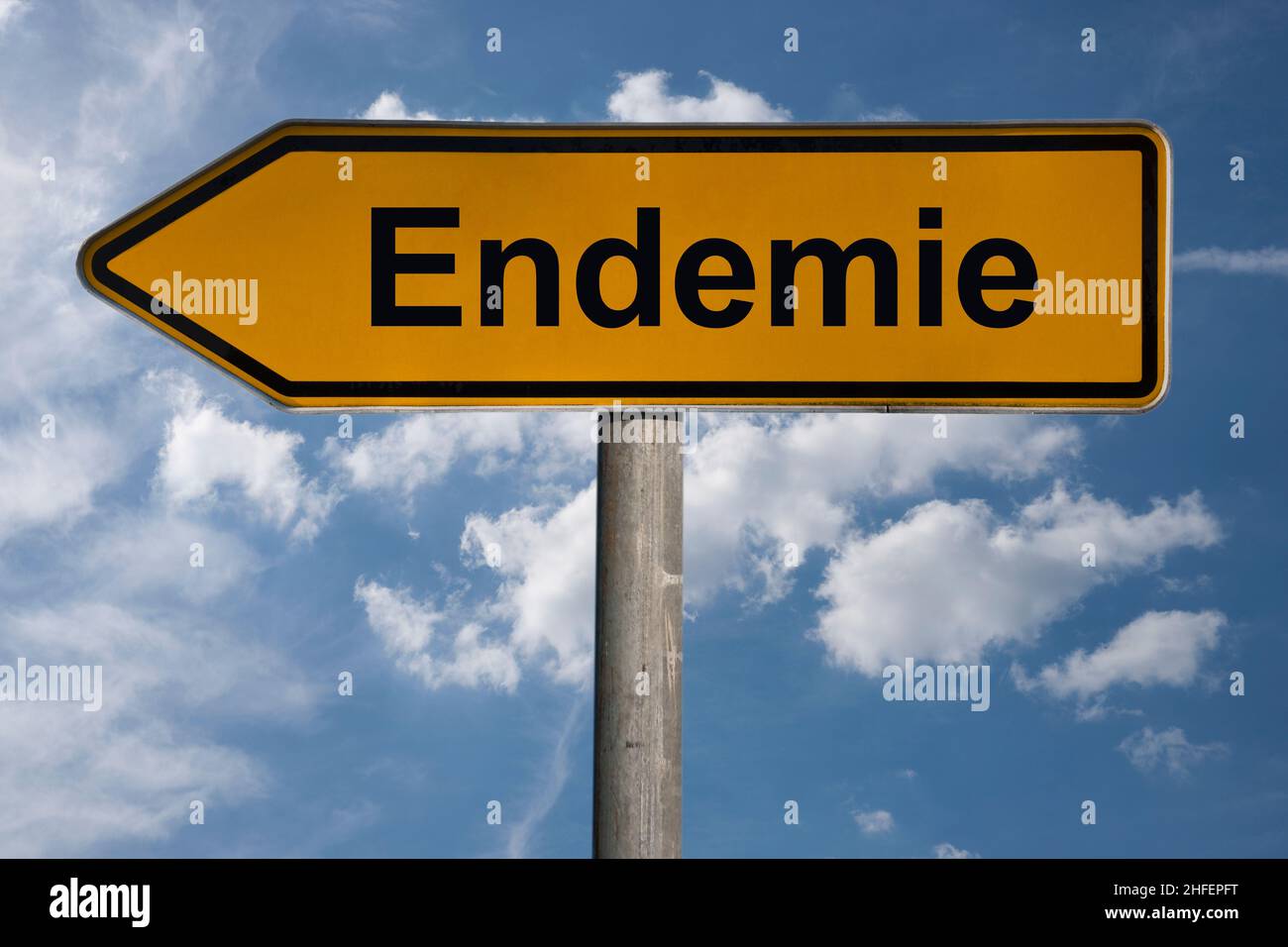 Foto de detalle de un cartel amarillo con la inscripción endémico (epidemiología) Foto de stock