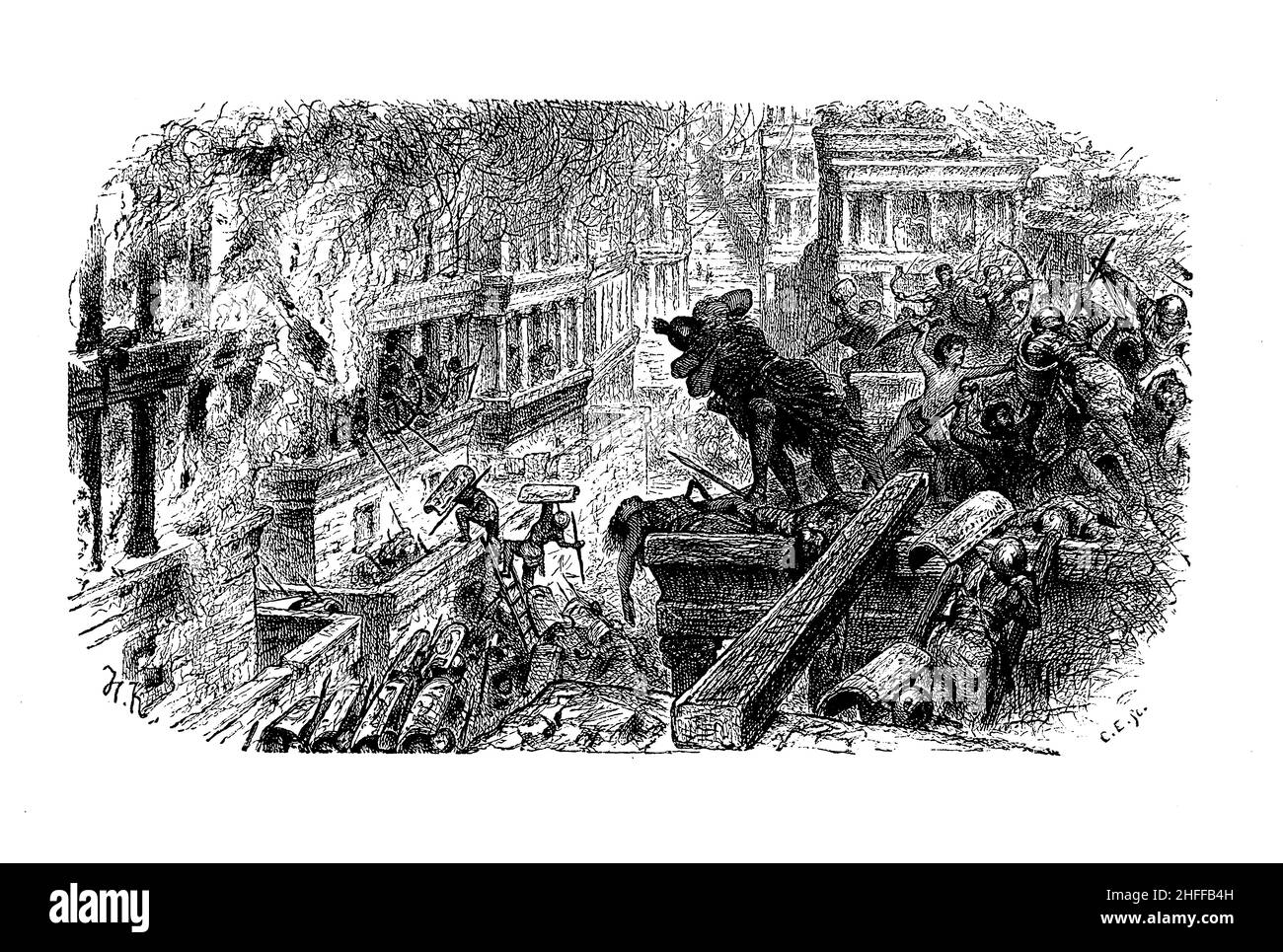 Escena que representa la destrucción de Cartago en la tercera guerra púnica por las legiones romanas de Scipio Africanus Foto de stock