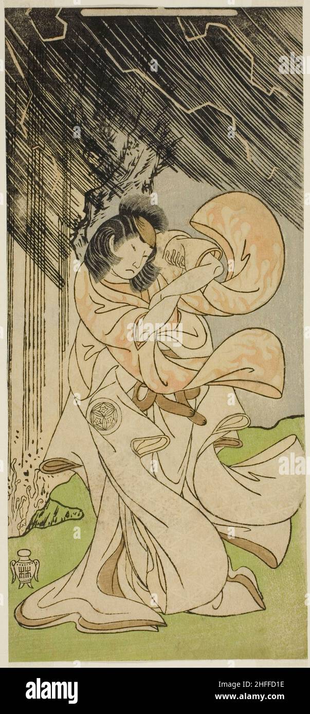 El actor Yamashita Kinsaku II como Diosa del Trueno en la obra Onna Narukami, actuó en el teatro Morita en el primer mes de 1770, c. 1770. Atribuido a Katsukawa Shunsho. Foto de stock