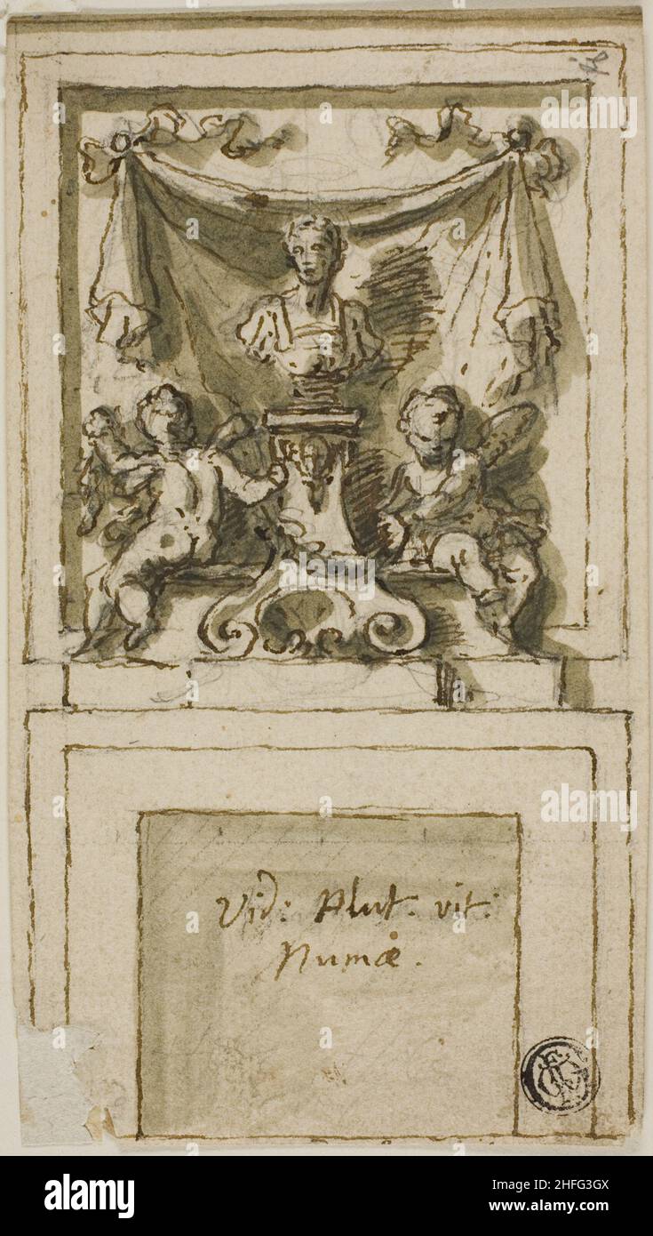 Diseño para el Overmantel de una chimnepiece con Busto de Pompilius Numa, n.d. Foto de stock
