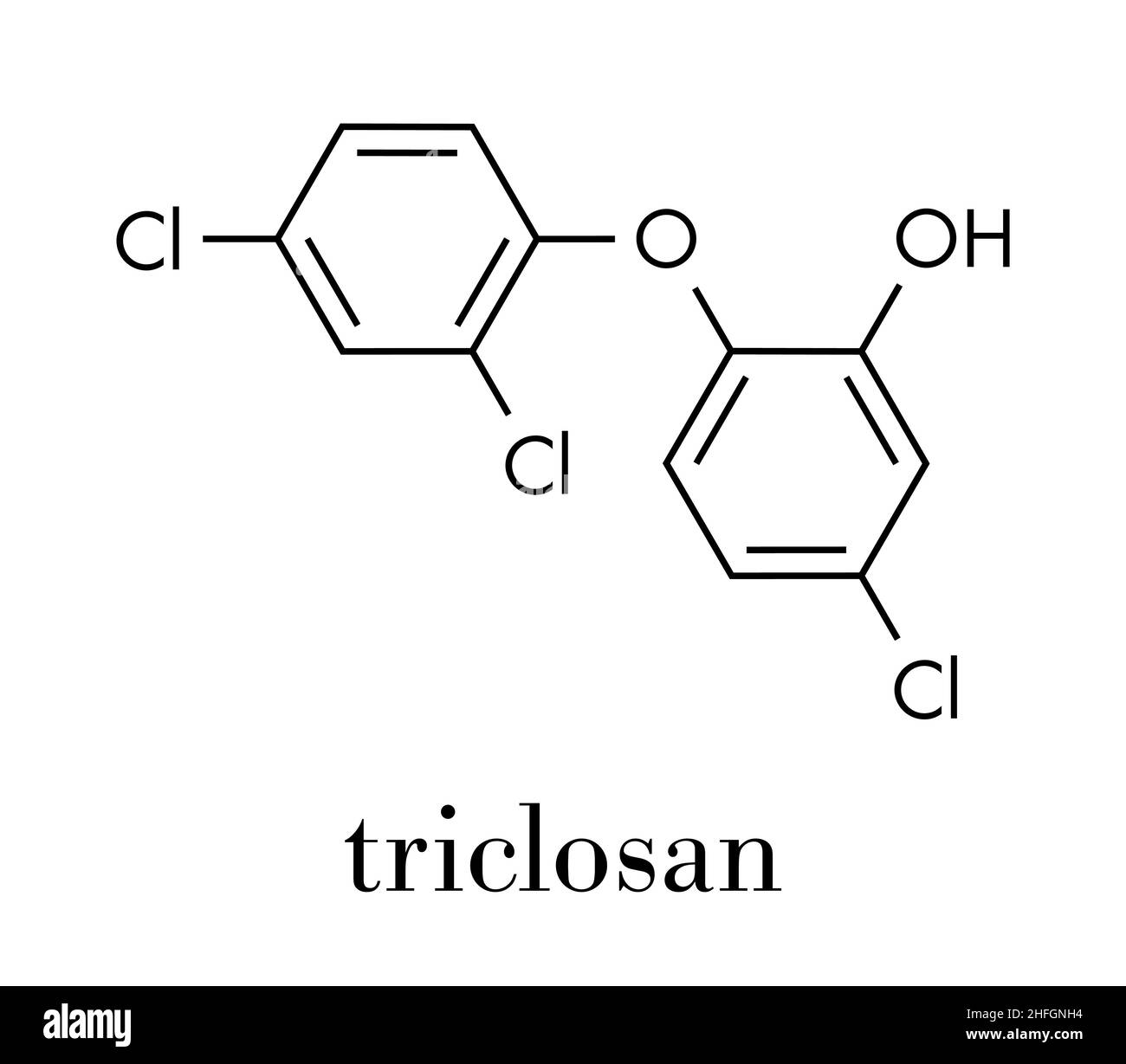 Molécula antimicrobiana triclosana. Se utiliza en jabones para las manos, fregados hospitalarios, desodorantes, lavado de la boca, etc. fórmula esquelética. Ilustración del Vector