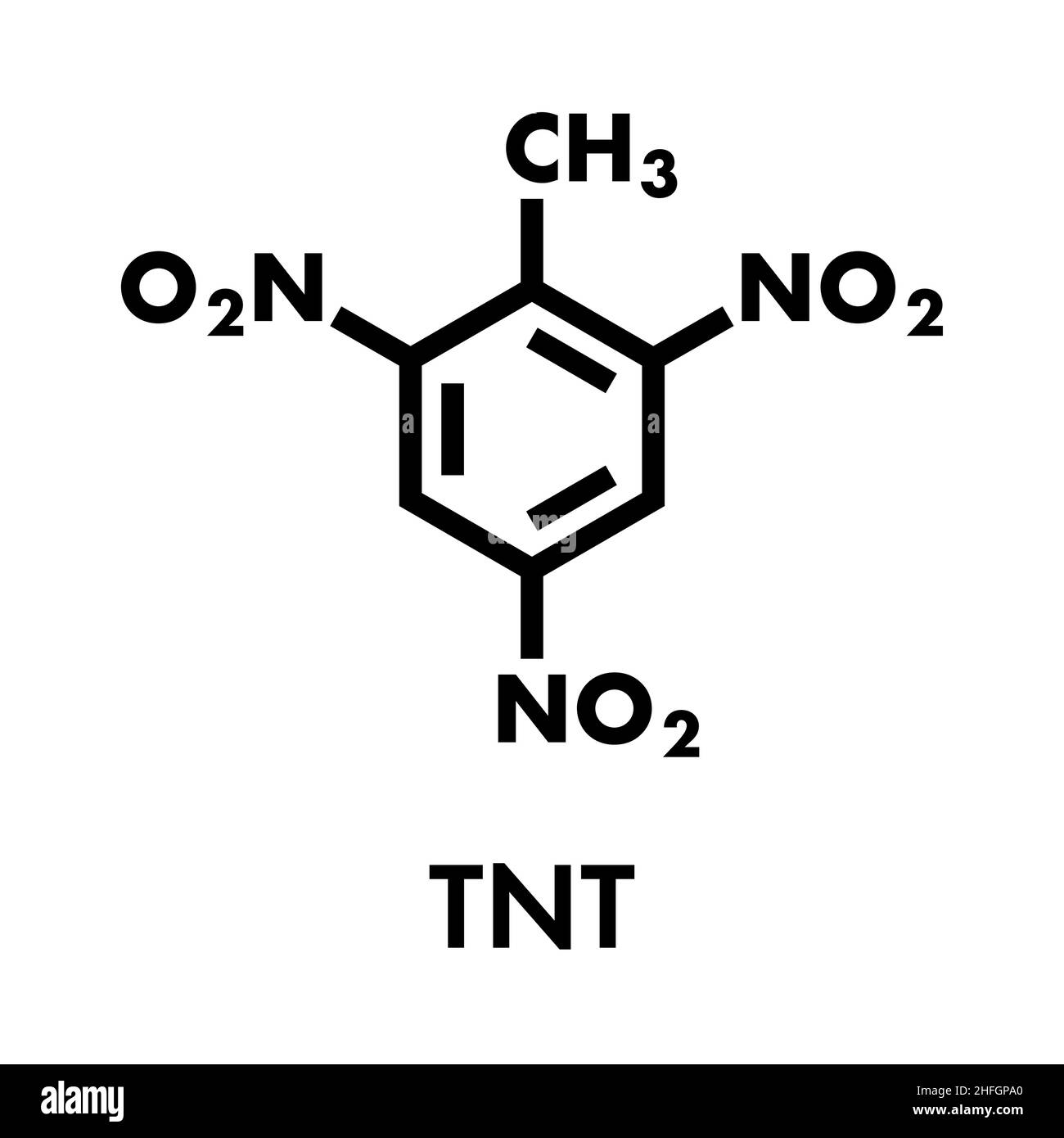 Trinitrotolueno (TNT) molécula de alto explosivo. Fórmula esquelética