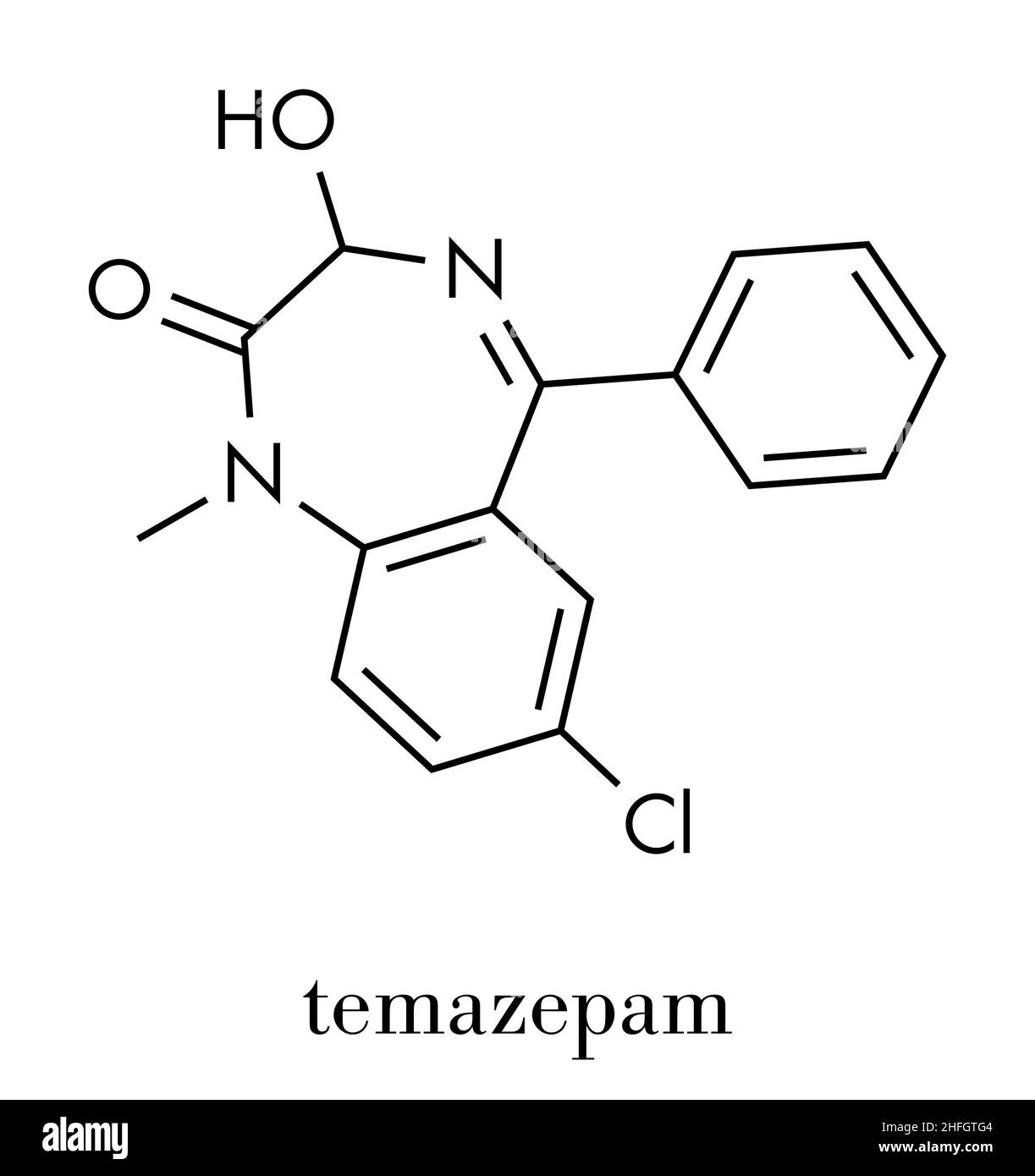 Molécula de temazepam benzodiacepina. Se usa como medicamento hipnótico, ansiolítico y Molécula de temazepam benzodiacepina. Se usa como medicamento hipnótico, ansiolítico y