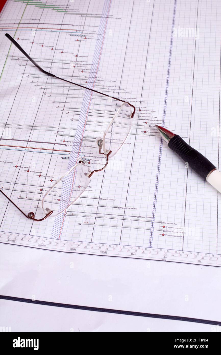 Noviembre 2011 - Planeamiento del proyecto de construcción Diagrama de Gantt para anaysis de camino crítico Foto de stock