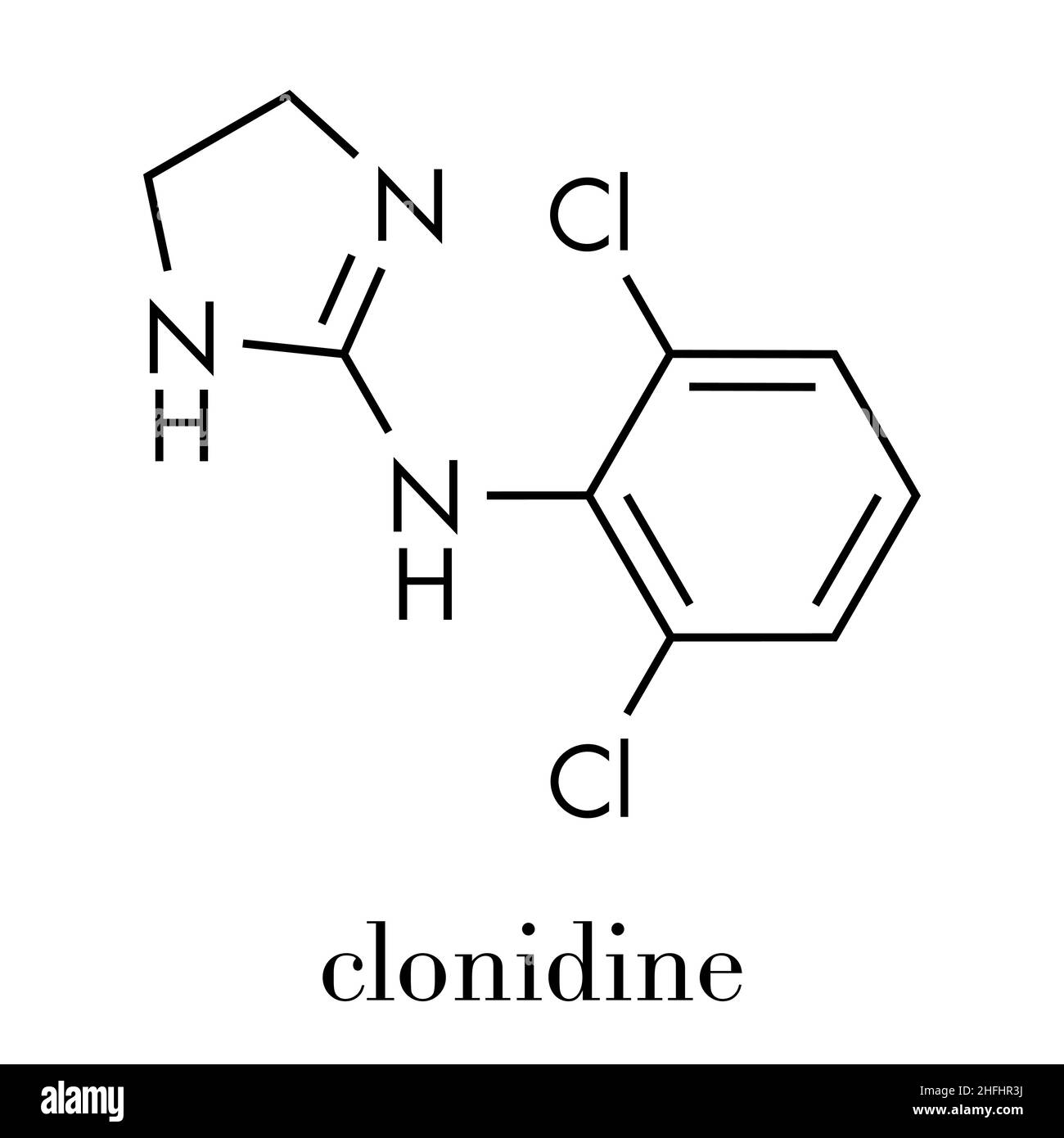 Clonidine drug molecule. Used in treatment of ADHD, hypertension