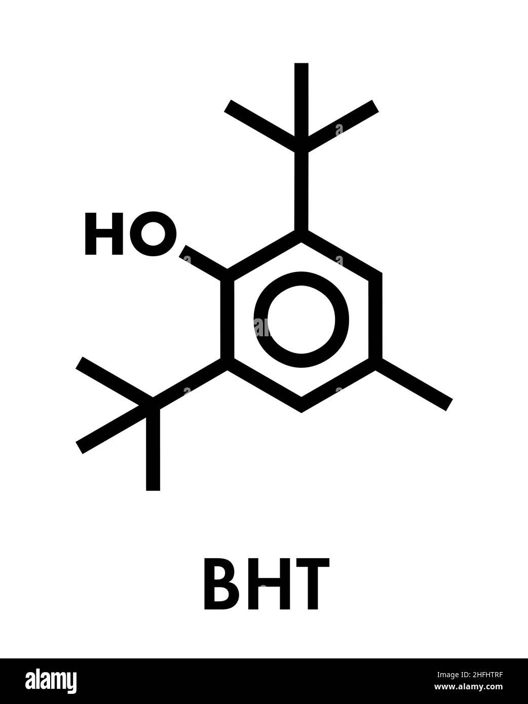 Molécula antioxidante de hidroxitolueno butílato (BHT). Fórmula esquelética. Ilustración del Vector