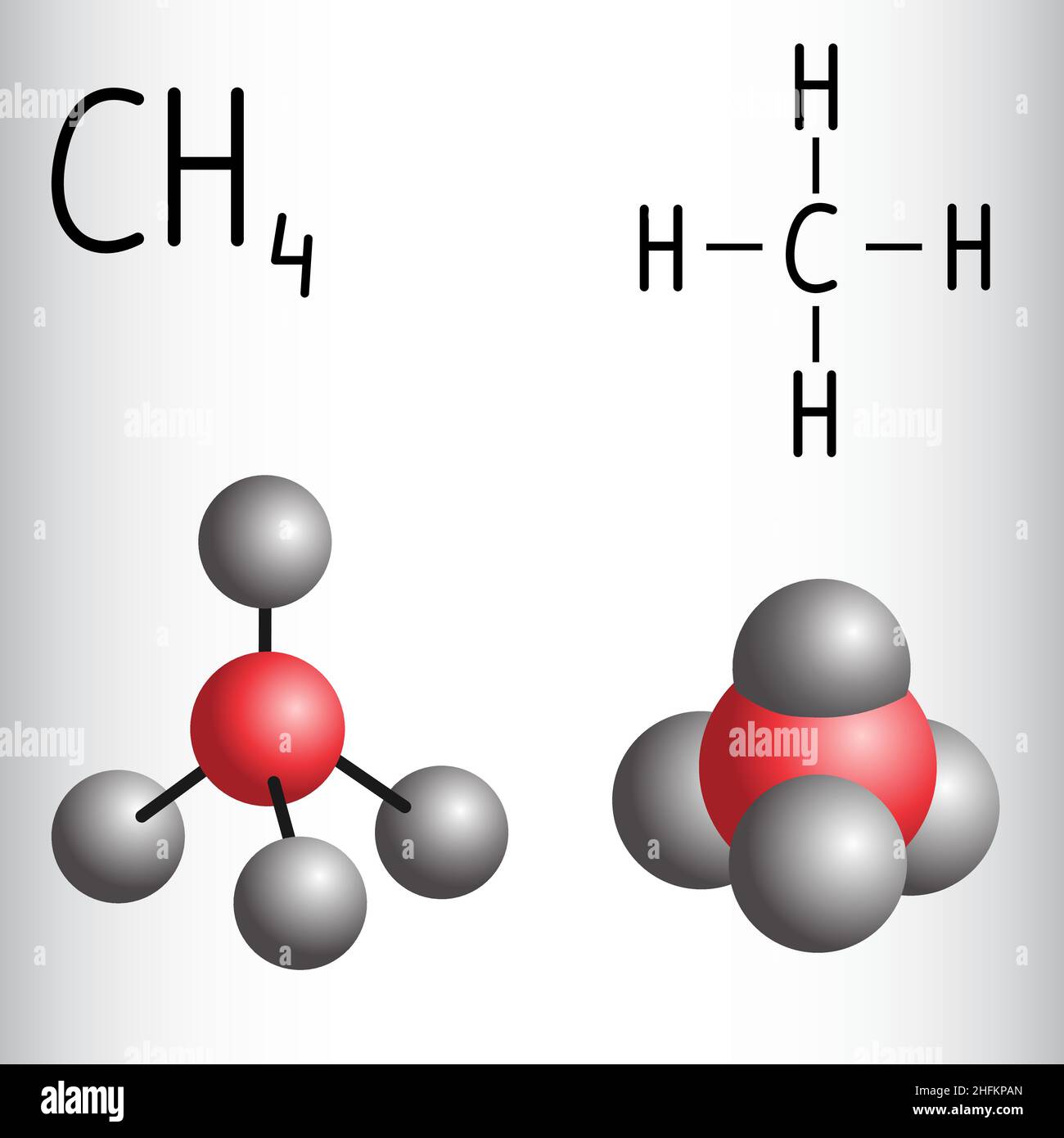 Fórmula química y modelo de molécula de metano CH4 . Ilustración vectorial  Imagen Vector de stock - Alamy