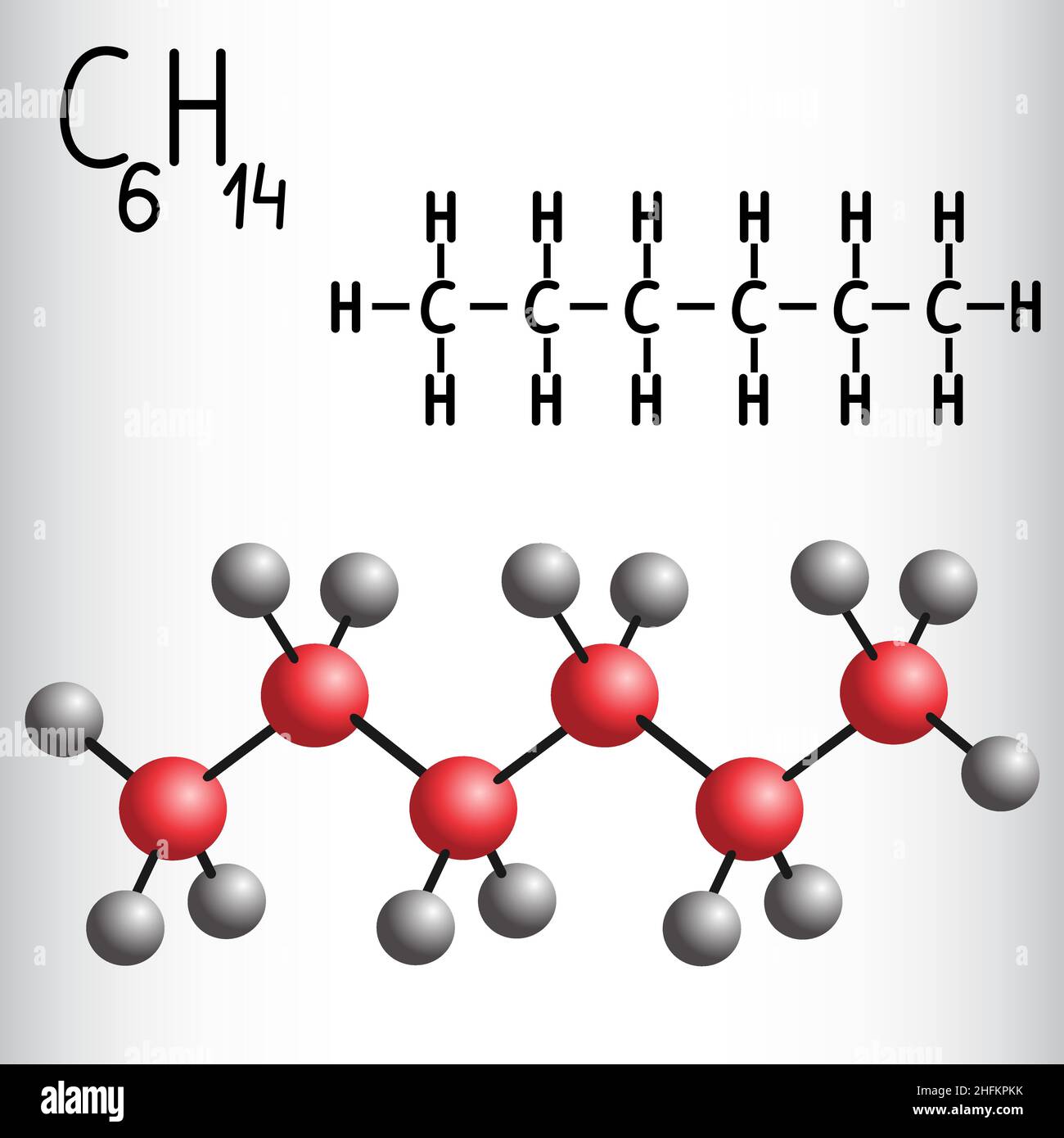 Fórmula química y modelo de molécula de hexano C6H14. Ilustración vectorial  Imagen Vector de stock - Alamy