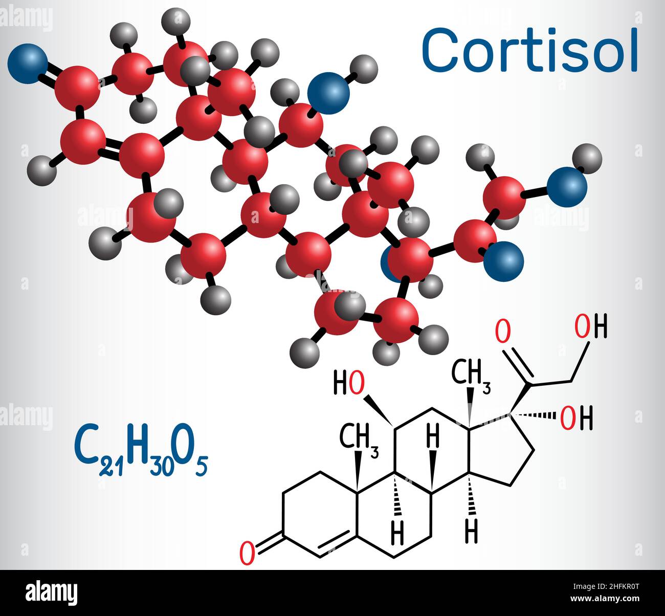 Cortisol (hormona de estrés) fórmula química estructural y modelo de