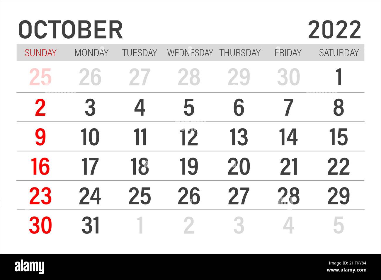 Icono de calendario de octubre de 2022. Octubre 2022. Planeador para octubre.  Planificación del tiempo Imagen Vector de stock - Alamy