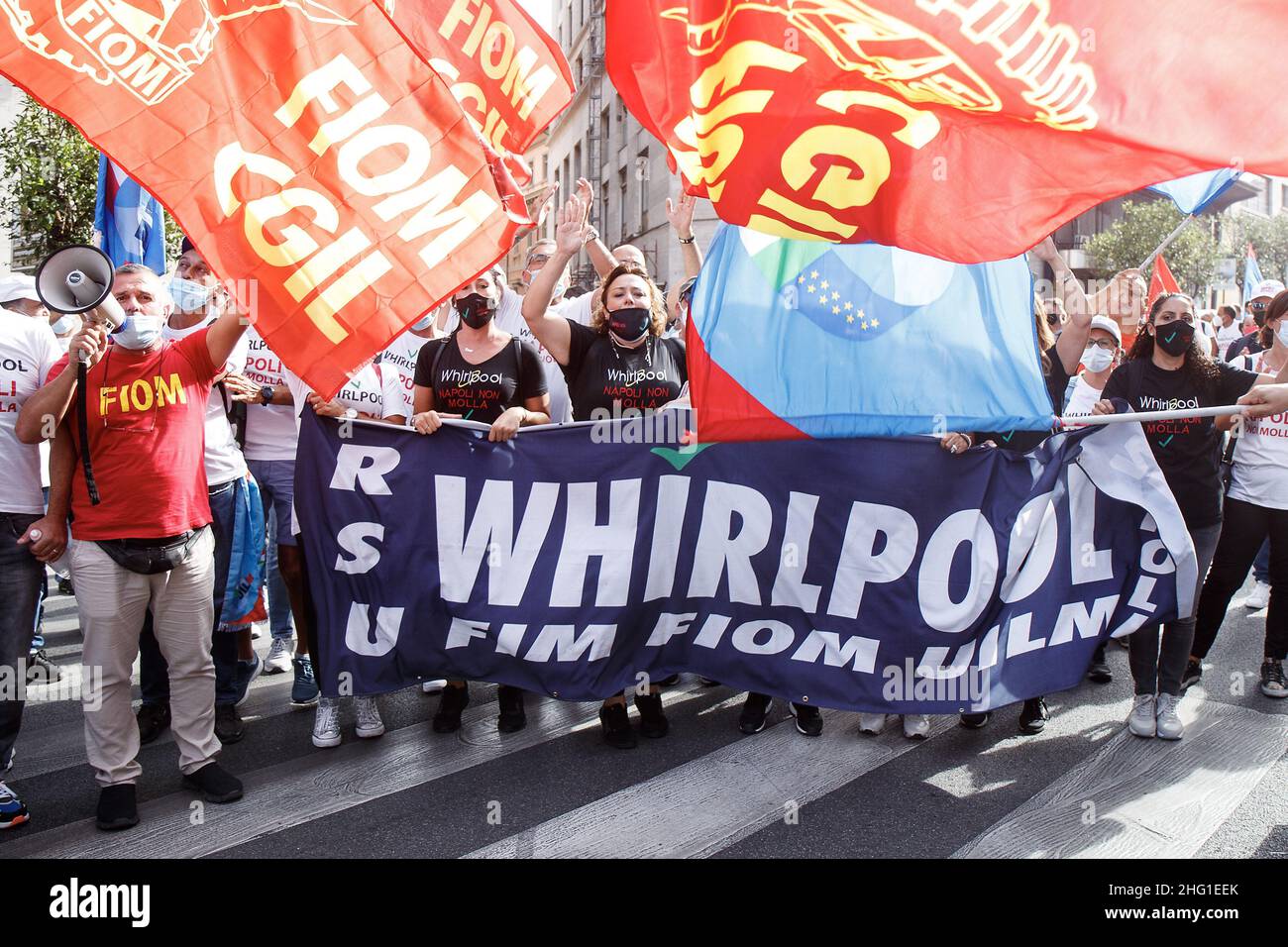 Roberto Monaldo / LaPresse 16-09-2021 Roma (Italia) Demostración de los trabajadores de Whirlpool frente al Ministerio de Desarrollo Económico en la foto un momento de la manifestación Foto de stock