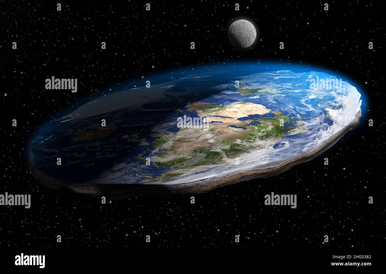 Una ilustración en 3D de la teoría de la conspiración que ahora está en desuso que dice que la Tierra es plana, como aparece de la tierra, en lugar de esférica. Foto de stock