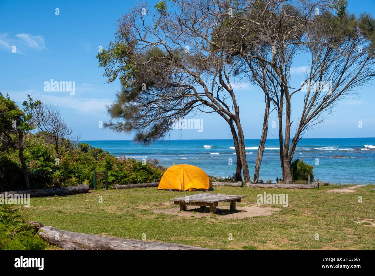 Carpa amarilla brillante en un campamento Great Ocean Walk en Victoria, Australia Foto de stock