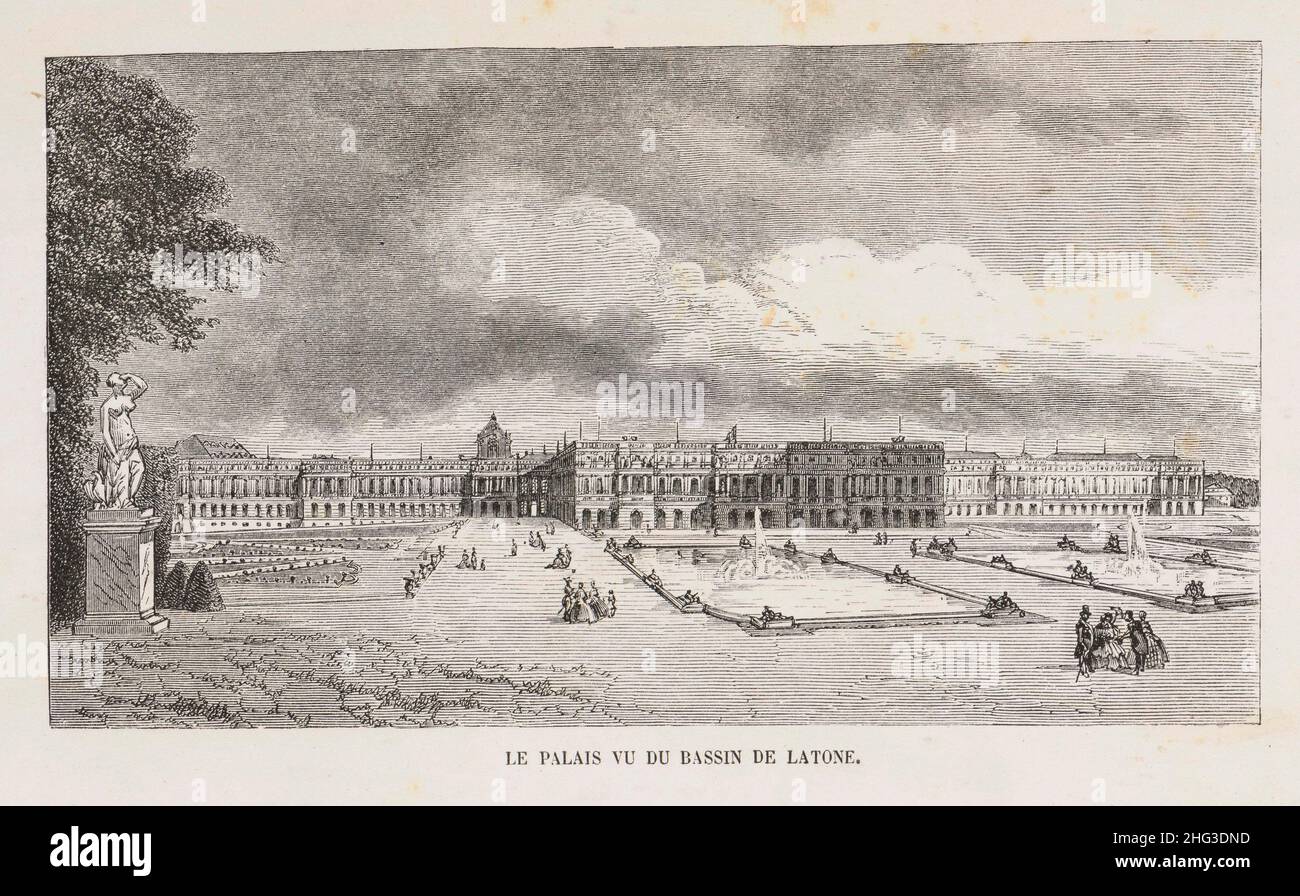 Grabado de Versalles. 1850-1865, por Jean Best (1808-1879) – artista gráfico Versalles, Vista del palacio desde el lado de la Fuente de la Latona Foto de stock