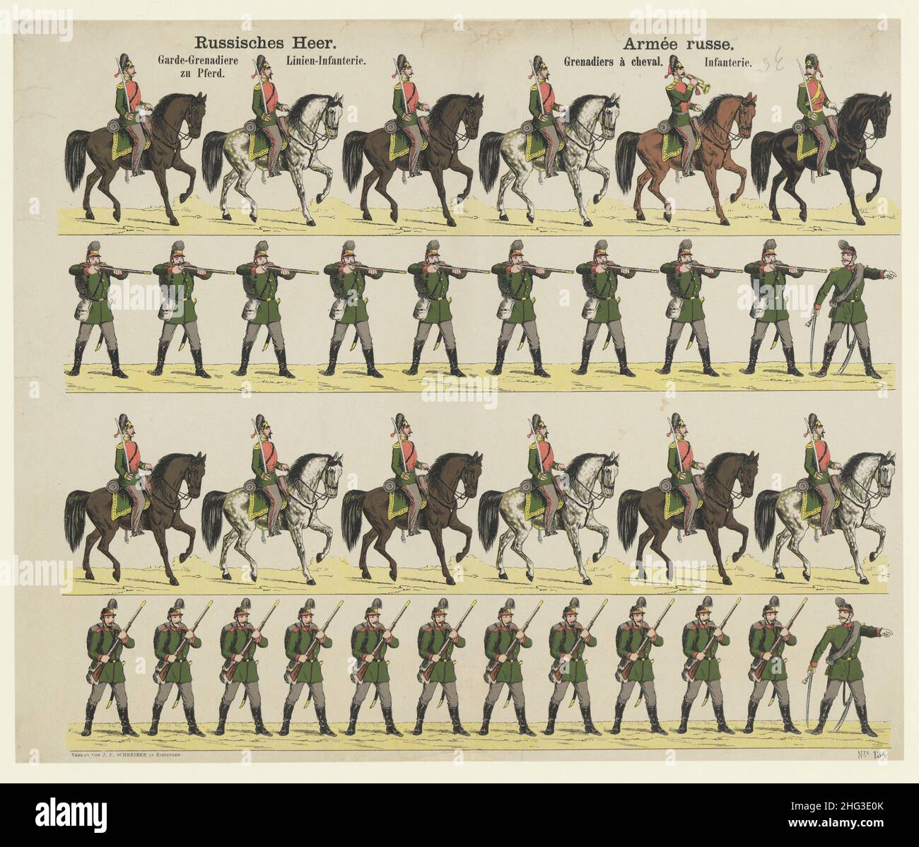 Litografía Vintage: El Ejército Imperial Ruso, 1870 Guardias-granadas a caballo. Infantería de línea Foto de stock