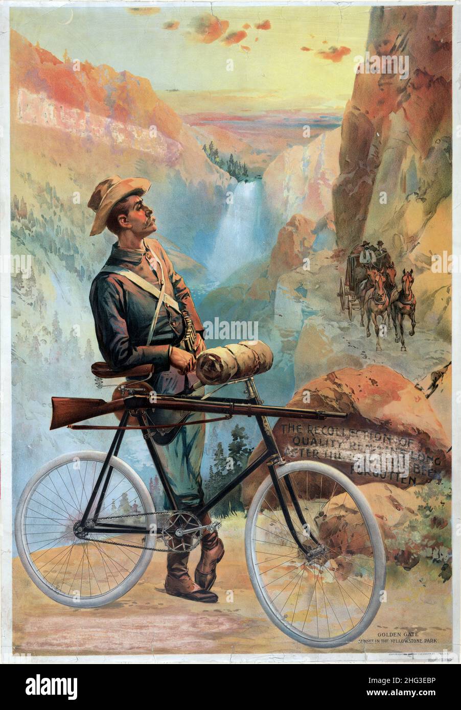 Litografía del siglo 19th de Golden Gate. Puesta de sol en el parque Yellowstone. 1897 El estampado Vintage muestra a un hombre, con una bicicleta a la que se sujeta un rifle, s Foto de stock