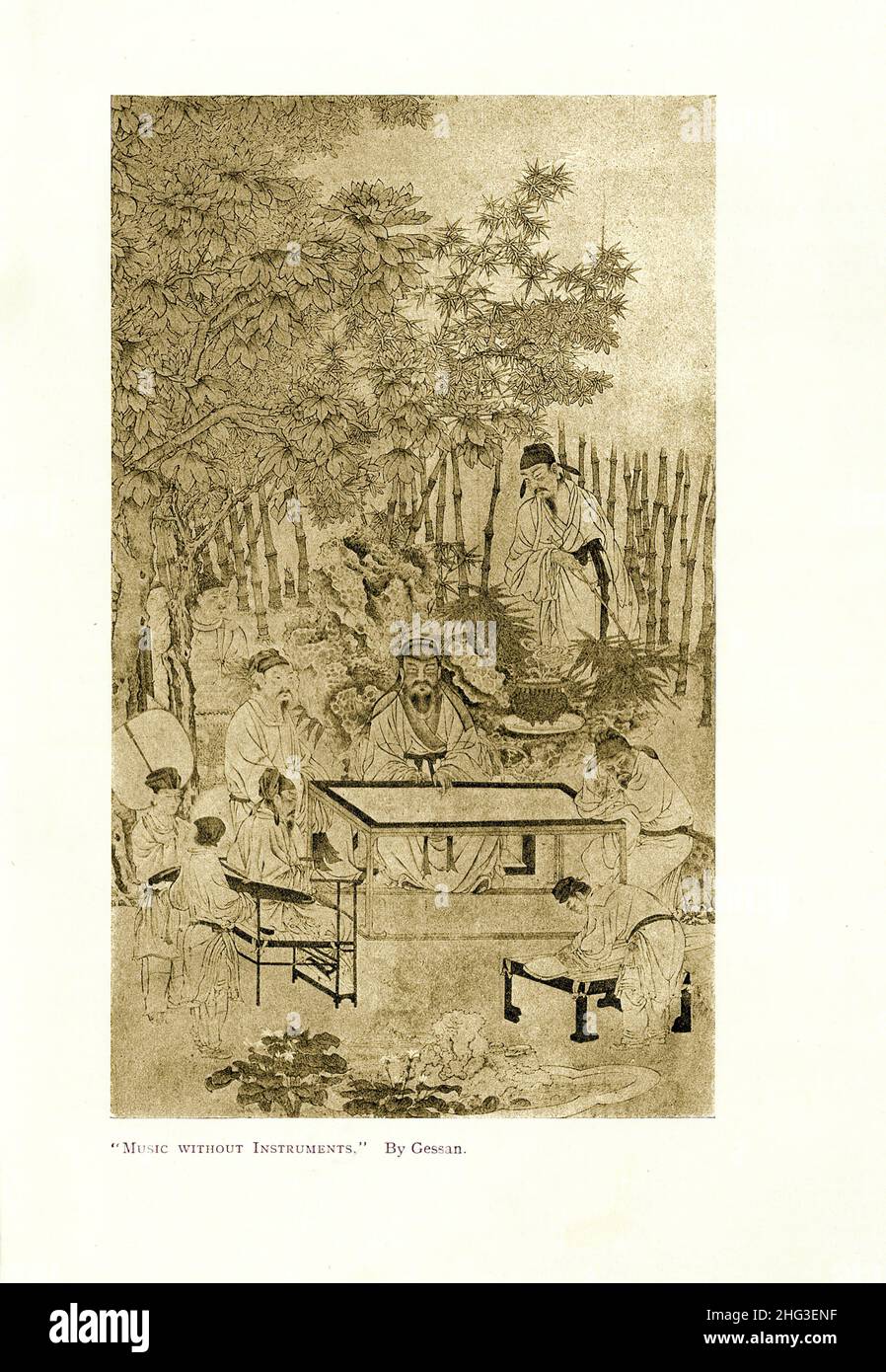 Pintura medieval china: Música sin instrumentos. Por Gessan. Reproducción de la ilustración del libro de 1912 Foto de stock