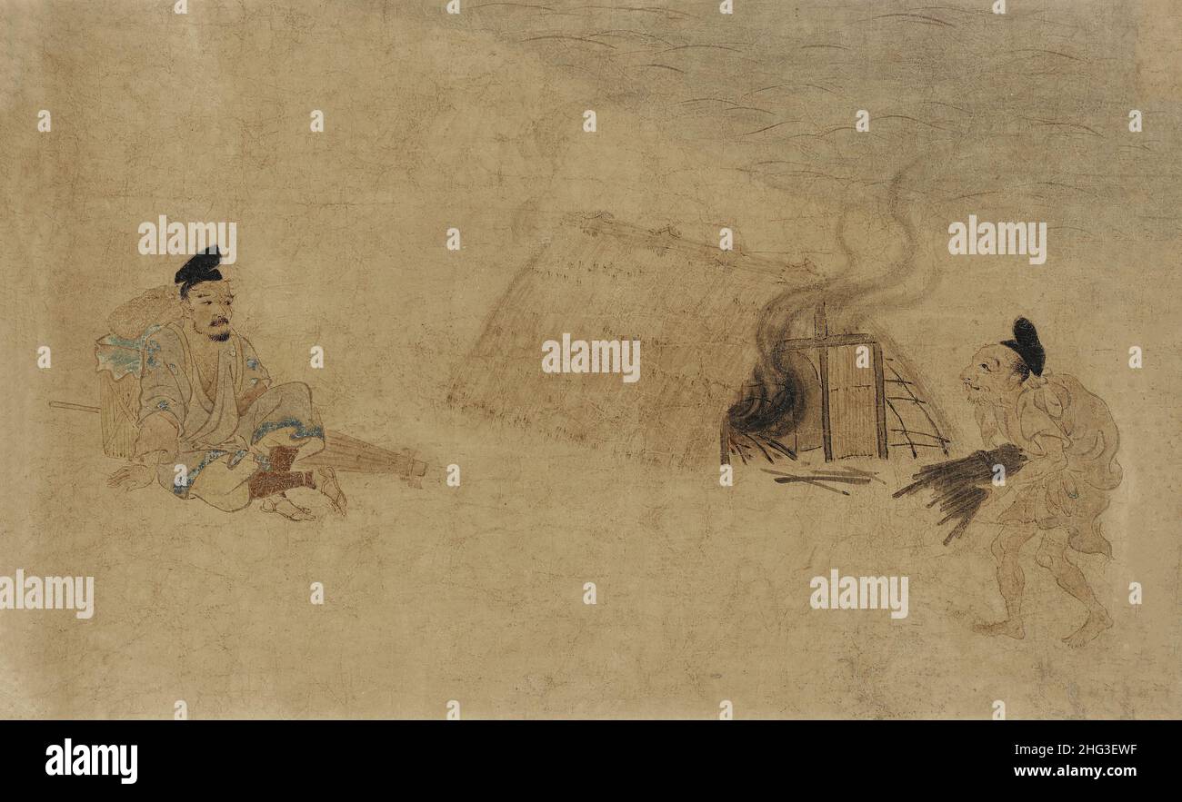 Pintura medieval japonesa: Concurso de composición de poemas entre varios artesanos. Nanbokucho Período Una tarde de otoño en 1214, un grupo de creyentes caminan Foto de stock