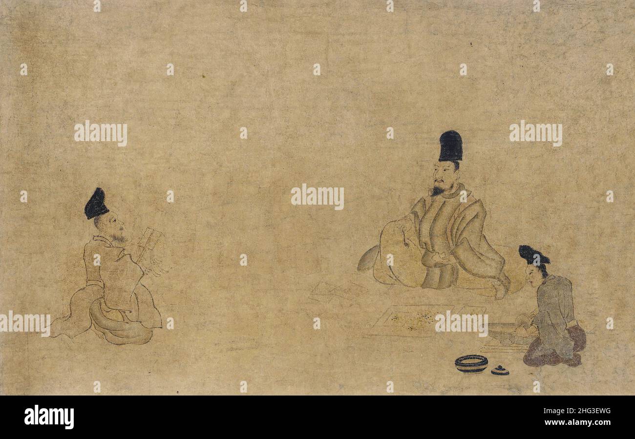Pintura medieval japonesa: Concurso de composición de poemas entre varios artesanos. Nanbokucho Período Una tarde de otoño en 1214, un grupo de creyentes caminan Foto de stock