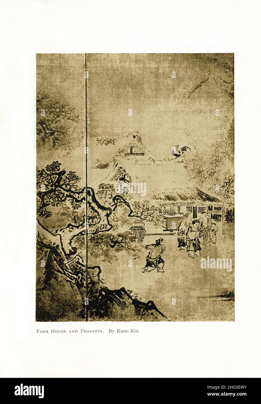 Pintura japonesa: Casa de campo y campesinos. Por Kano Koi. Período Azuchi-Momoyama. Reproducción de la ilustración del libro de 1912 Foto de stock