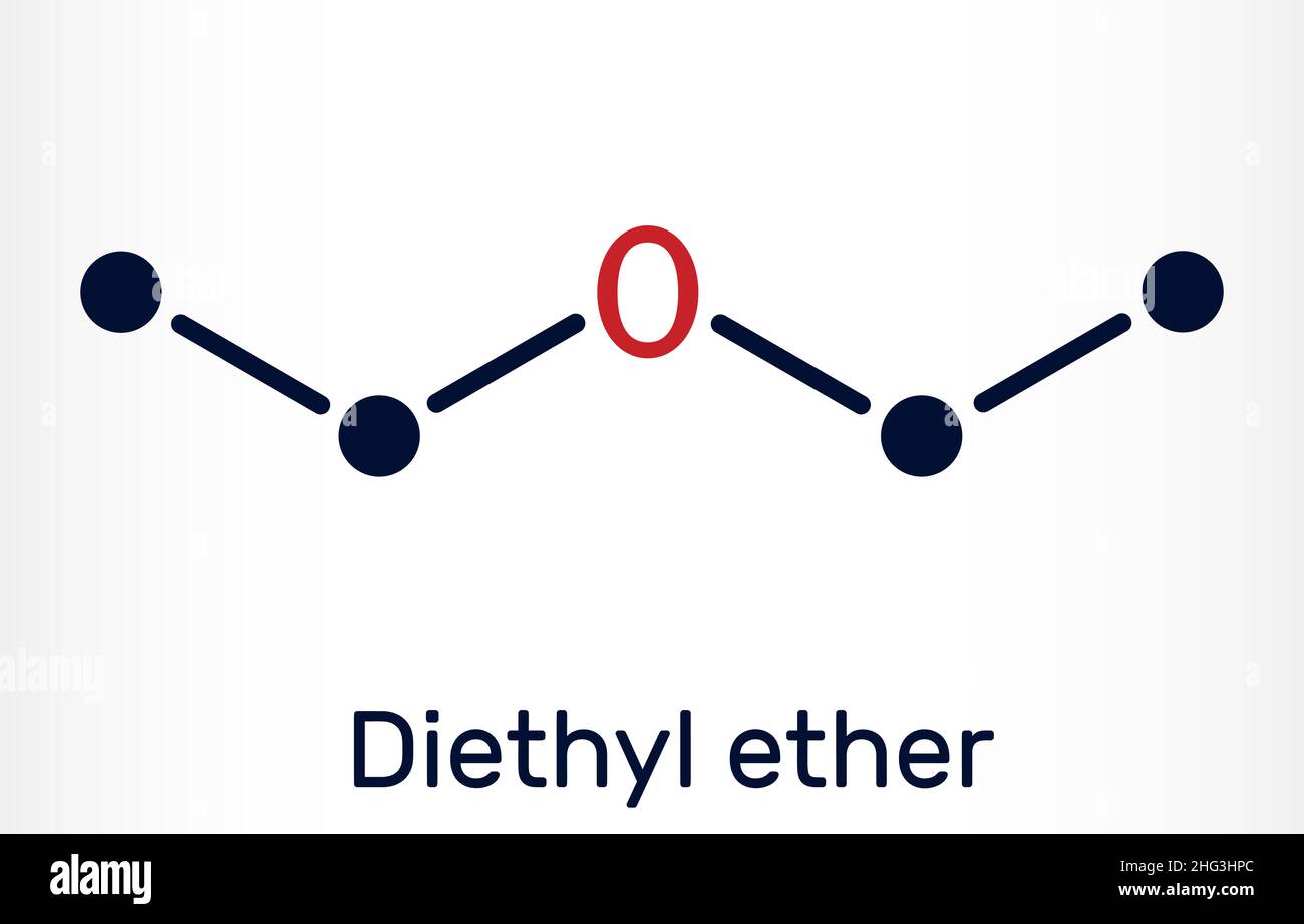 Éter dietílico, molécula de éter etílico. Es un éter en el que el átomo de  oxígeno está vinculado a dos grupos de etilo. Fórmula química esquelética.  Ilustre vectorial Imagen Vector de stock -