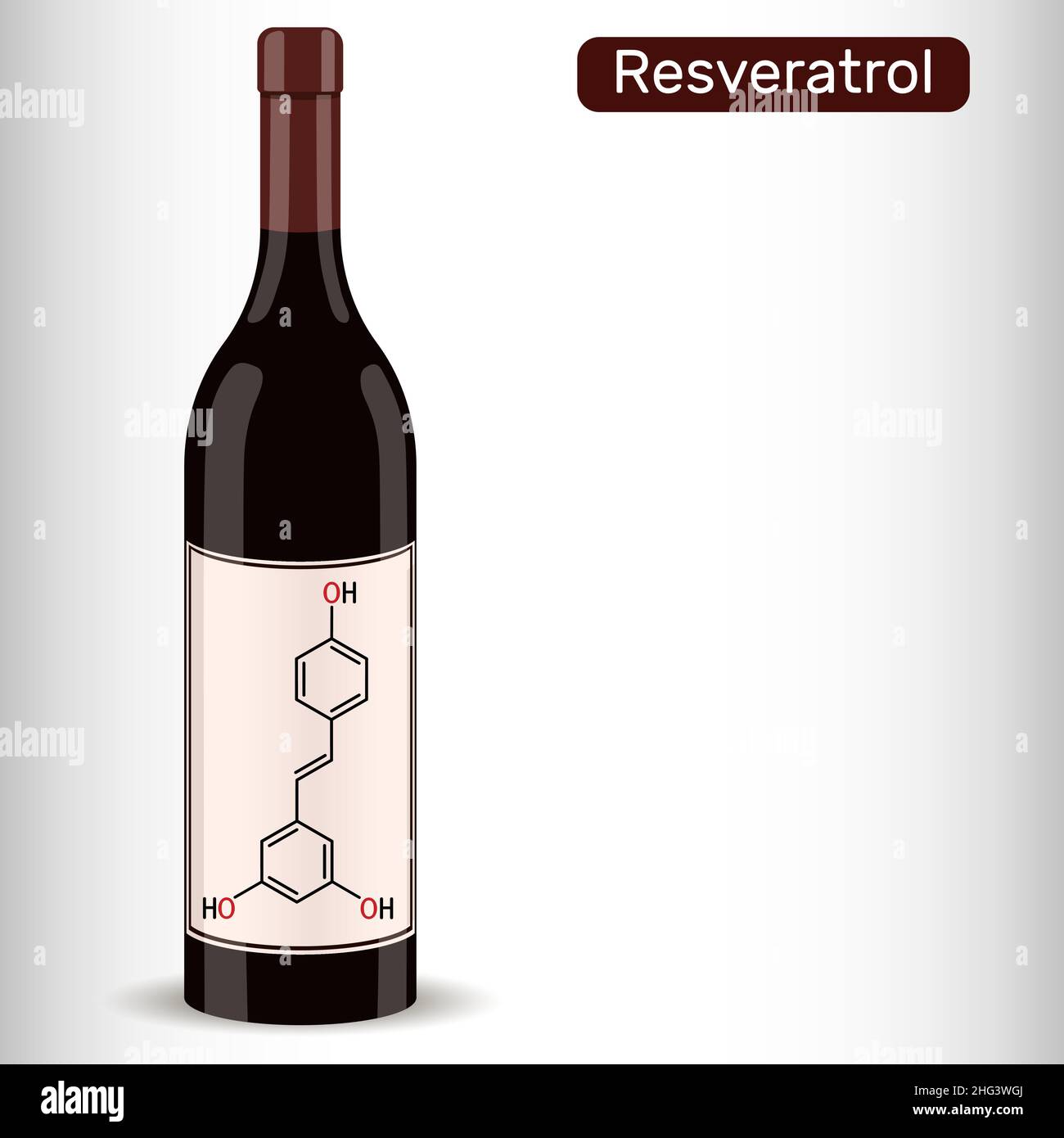 Molécula de resveratrol y botella de vino. El resveratrol es fenol