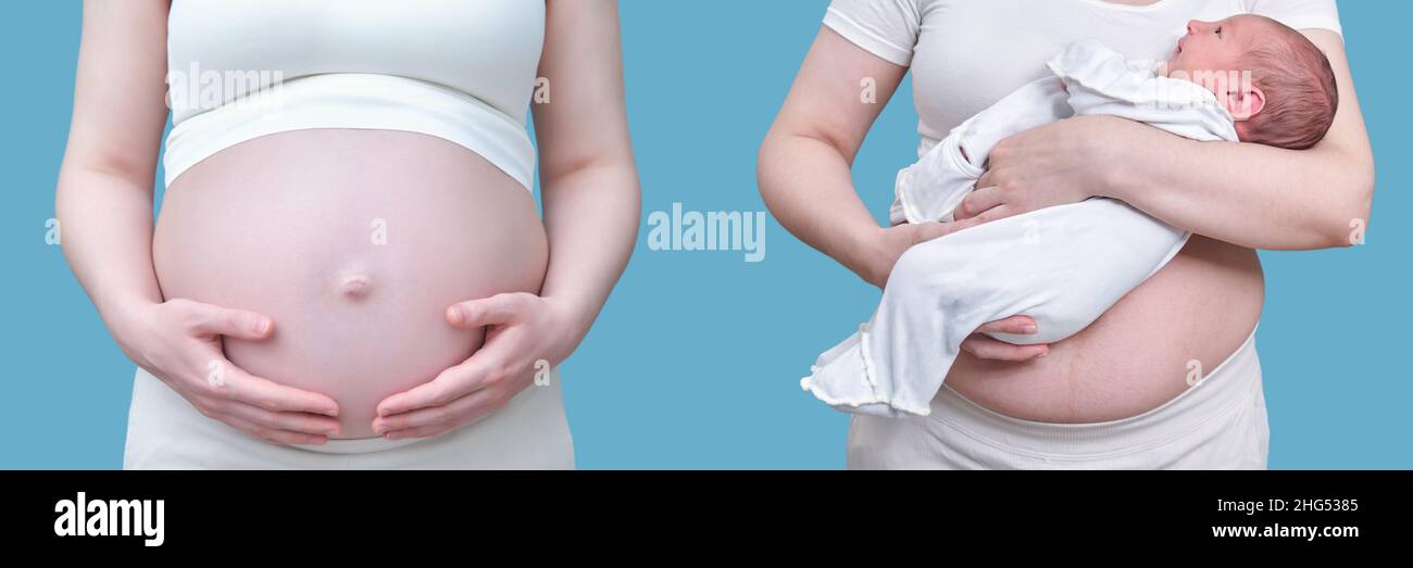 Mujer embarazada del vientre antes de dar a luz y después con un bebé.  Collage antes y después del embarazo, parto sobre un fondo azul de estudio  Fotografía de stock - Alamy