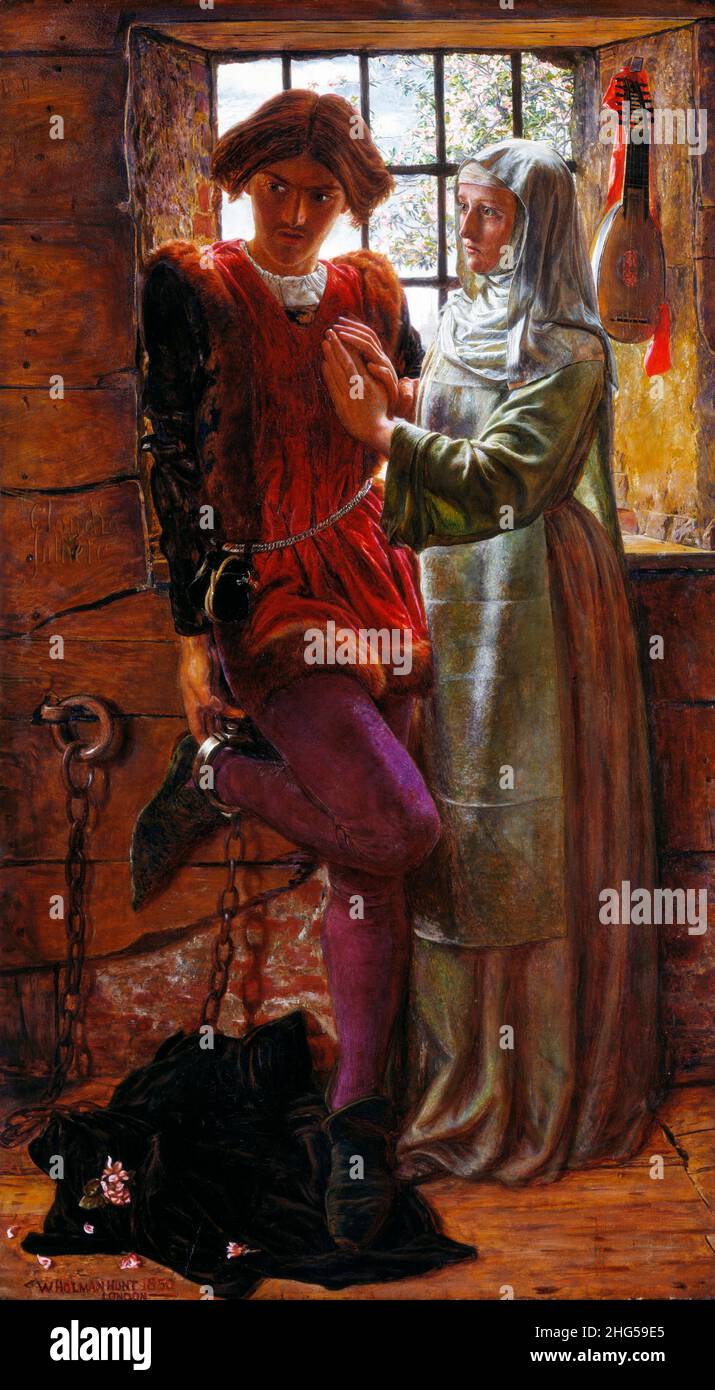 Claudio e Isabella de William Holman Hunt (1827-1910), aceite sobre caoba, 1850. Holman Hunt fue una figura principal en el Movimiento Pre-Raphaelita del siglo 19th. Foto de stock