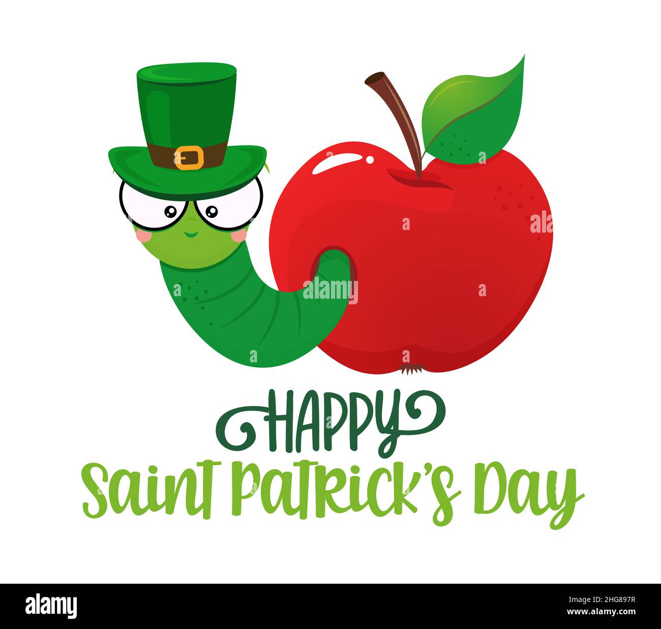 Feliz día de San Patricio, lindo gusano en manzana . En el leprechaun de doodle. Adorable póster para fiesta de Paddy, bueno para camisetas, regalos, tazas u otras estampadas d Ilustración del Vector