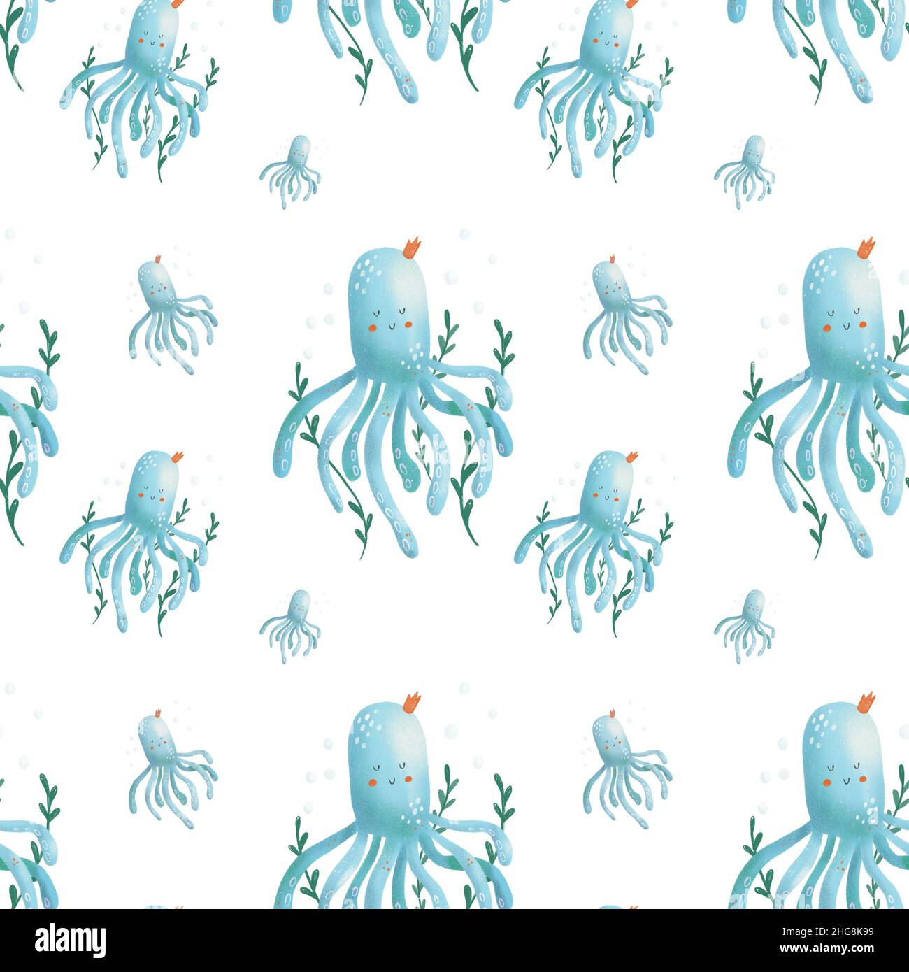 Patrón sin costuras. Lindo mar fabulosa princesa medusas con corona sobre fondo blanco con algas. Dibujo digital raster para colección de niños para decoración Foto de stock