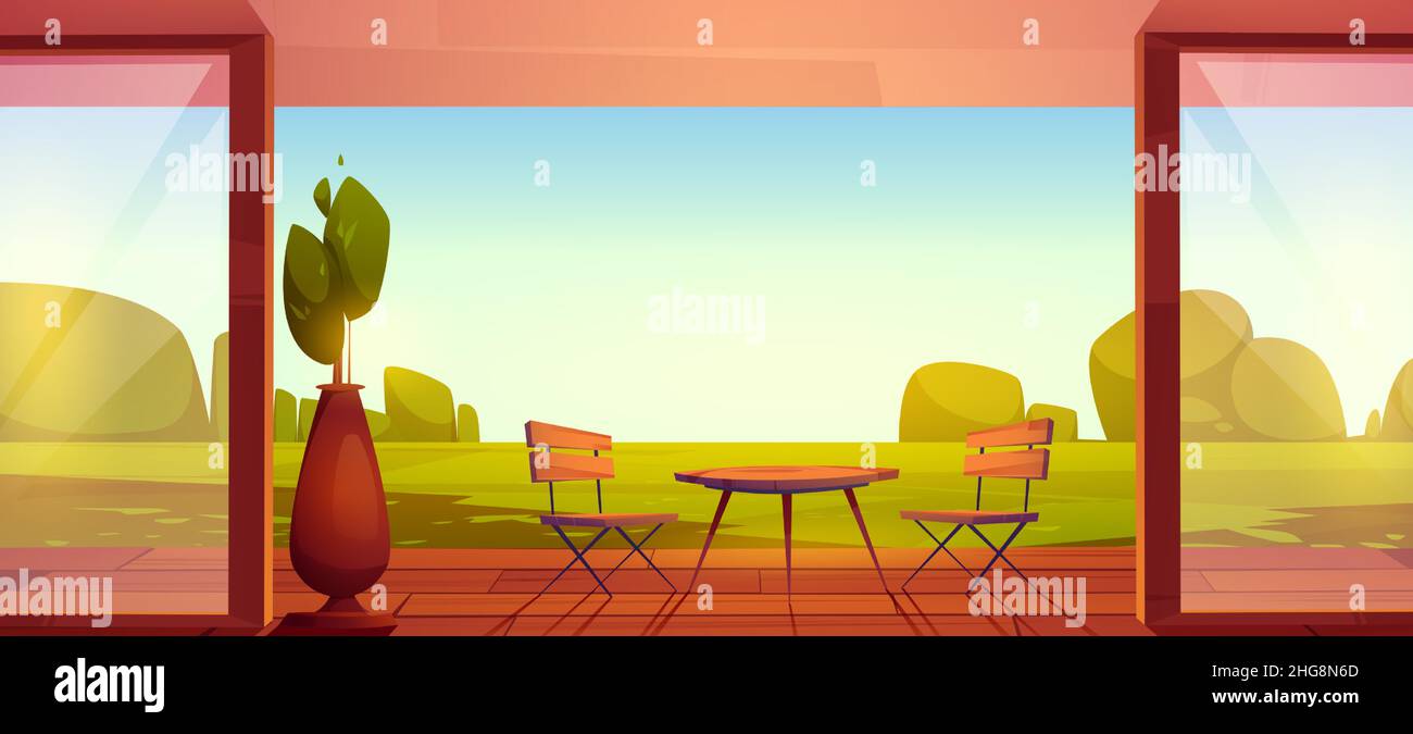Casa con terraza, patio de madera con mesa, sillas y vistas al jardín