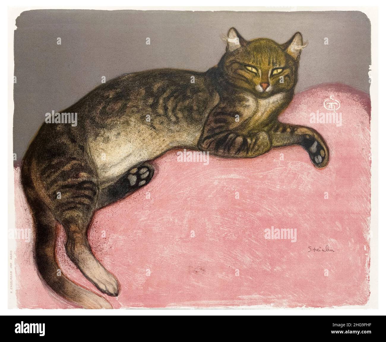 L’Hiver: Chat sur un coussin (Invierno: Gato en un cojín), impresión litográfica de Théophile Steinlen, 1909 Foto de stock