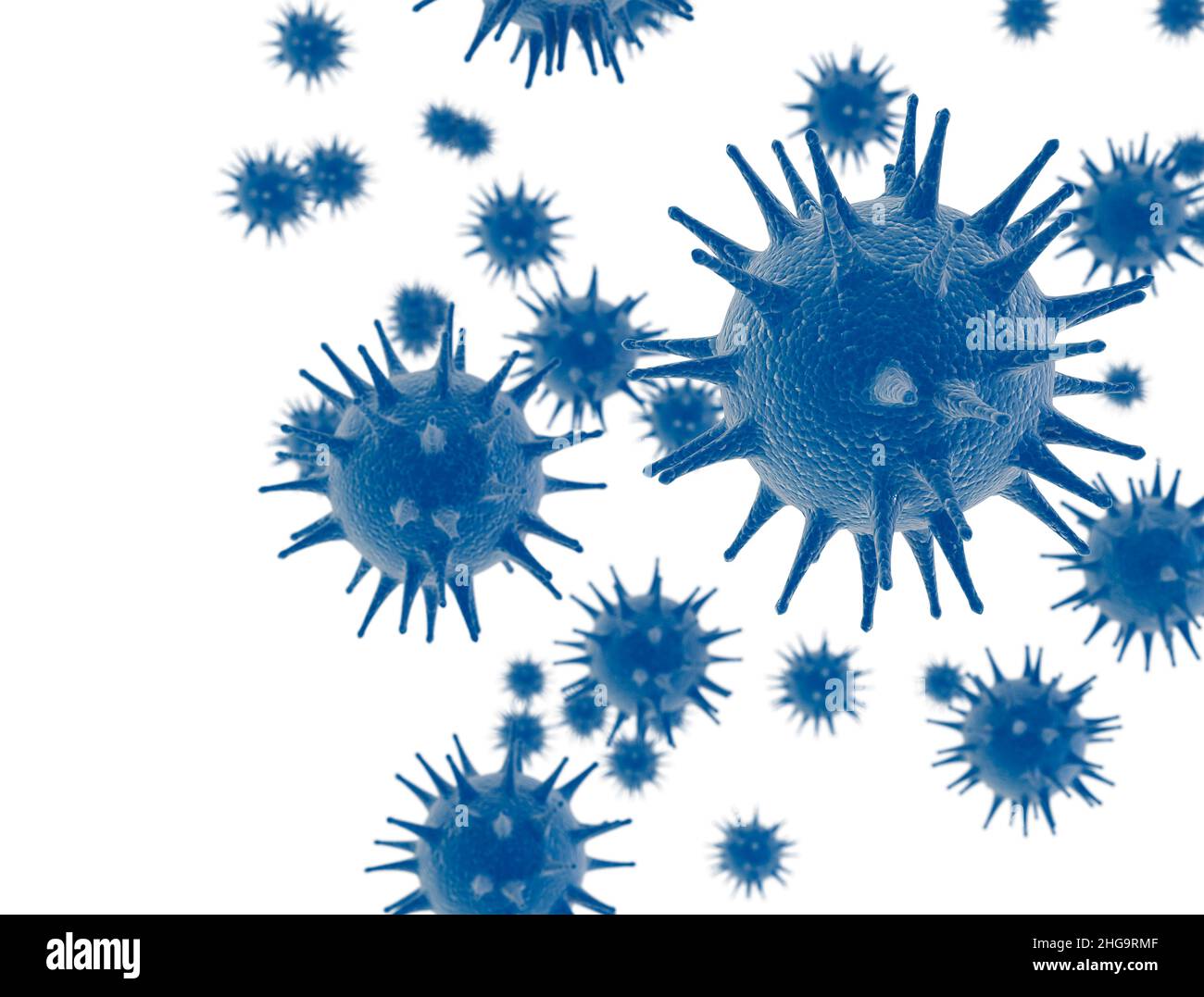 Se representan las células de virus aisladas sobre fondo blanco con espacio de copia 3D Foto de stock