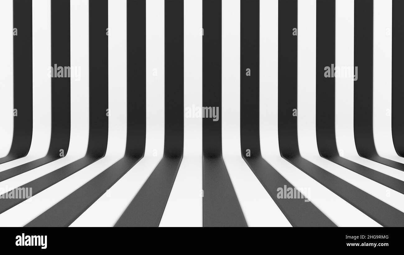 Líneas verticales en blanco y negro sobre fondo de pared y suelo 3D Foto de stock