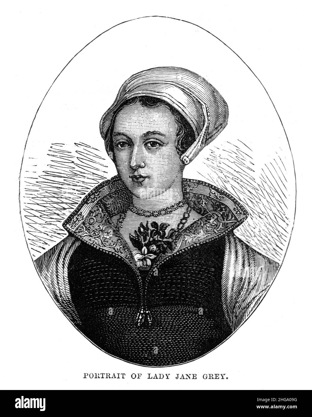 Ilustración en blanco y negro; retrato de Lady Jane Grey Foto de stock