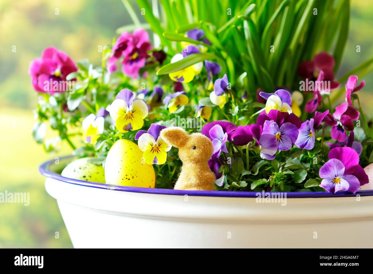 Primer plano de una feliz decoración de Pascua con un pequeño conejito, huevos de colores y flores de pensamientos muy coloridas en flor. Foto de stock