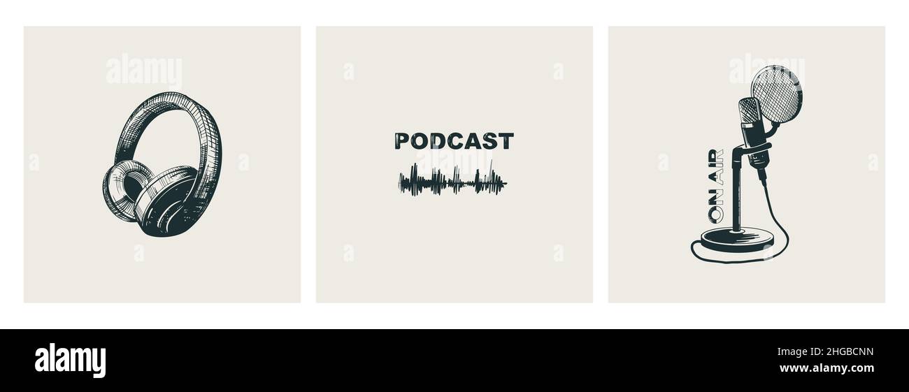 Conjunto de portadas para la presentación de podcasts. Auriculares de estudio, micrófono en el soporte y sonido de onda. Estilo de croquis vectorial. Ilustración del Vector