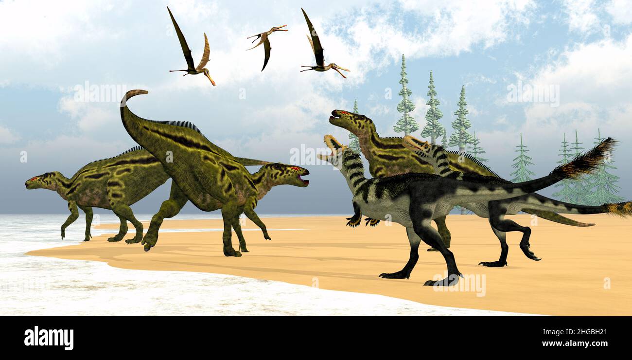 Dos dinosaurios terópodos Alioramus se enfrentan a una manada de herbívoros Shantungsaurus mientras los pterosaurios Anhanguera vuelan. Foto de stock