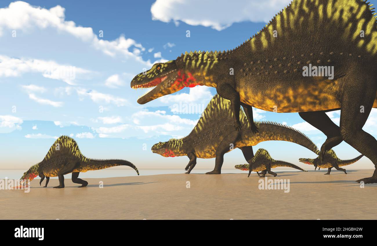 Un paquete de dinosaurios carnívoros arizonasaurus vienen a un lago para beber mientras uno de ellos encuentra un pez para comer. Foto de stock