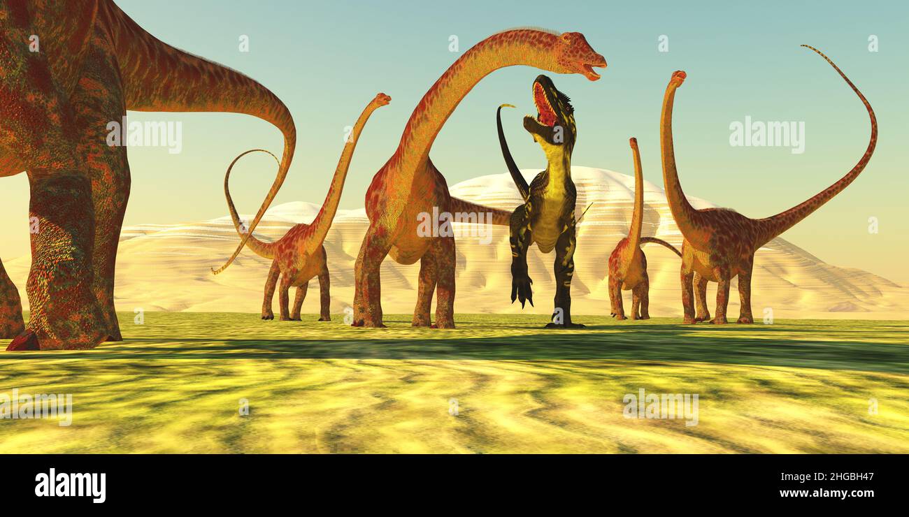 Diplodocus Jato Jurásico - Un terópodo Torvosaurus trata de traer un dinosaurio de Diplodocus durante el período Jurásico. Foto de stock
