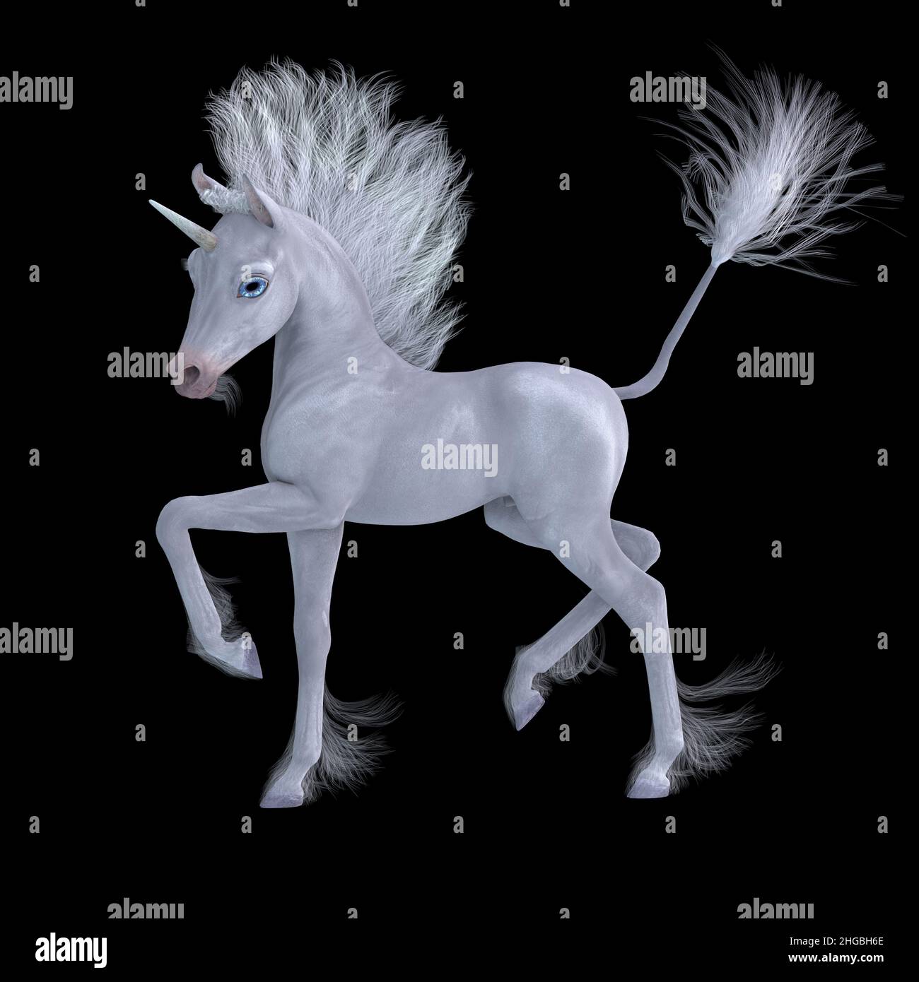 Un pequeño unicornio blanco famoso como una criatura legendaria con habilidades mágicas. Foto de stock