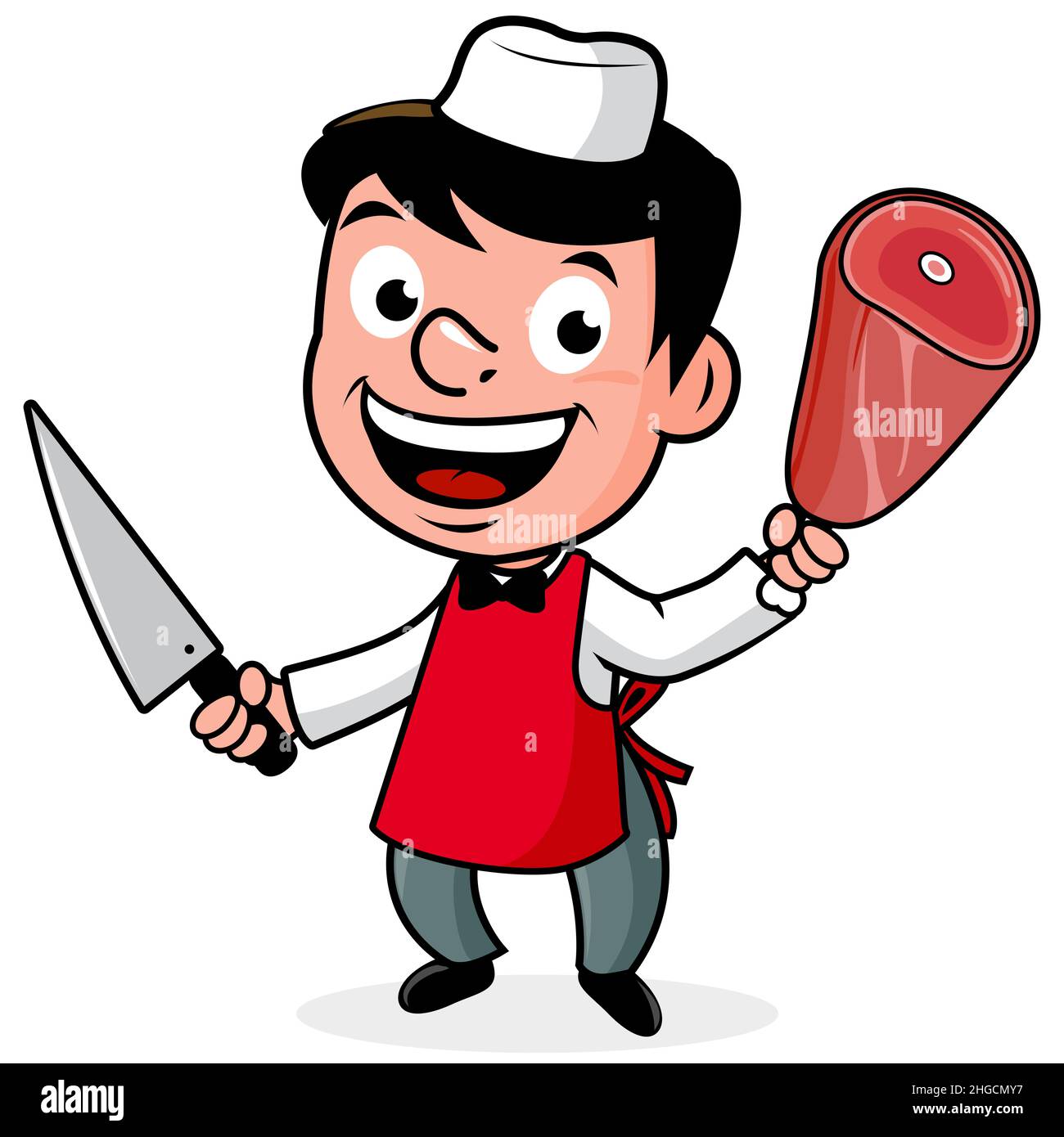 Carnicero de dibujos animados con un cuchillo y un trozo de carne. Foto de stock