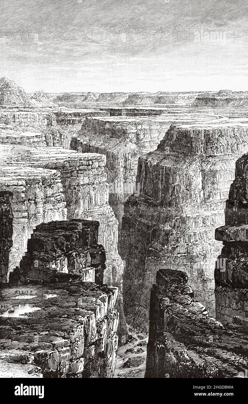 Un desfiladero en el Gran Cañón al pie de Toroweap, Arizona USA. Antigua ilustración del siglo 19th grabada de La Nature 1884 Foto de stock