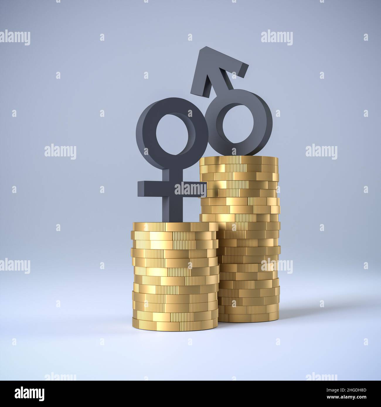 Concepto de brecha de pago de género: Dos montones de monedas con diferentes alturas y símbolos masculinos y femeninos en la parte superior. Foto de stock