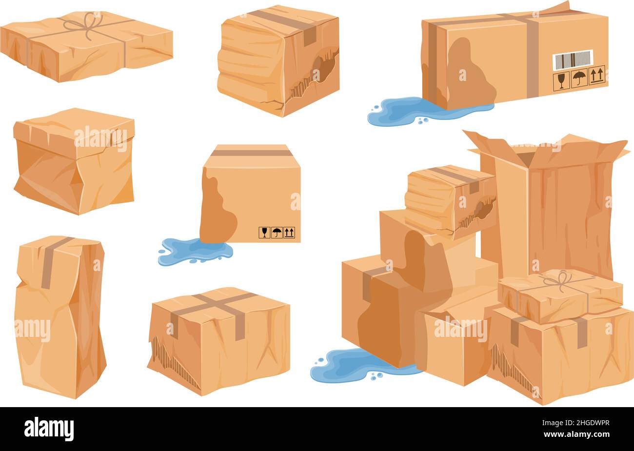 Dibujos animados dañados, rasgados y mojados cajas de entrega de cartón