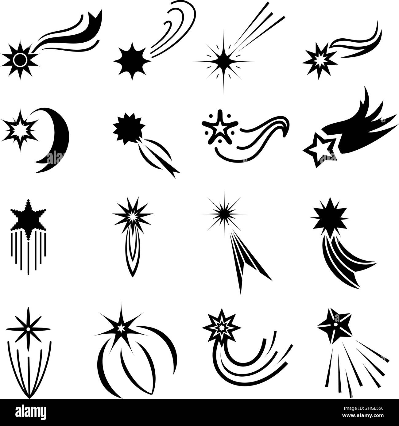 Iconos de estrellas de caída plana, diseños de logotipo de cometa. Caída de estrellas mágicas con sendero de destellos. Meteoro galaxia abstracto con cola. Juego de vectores estrella de disparo Ilustración del Vector