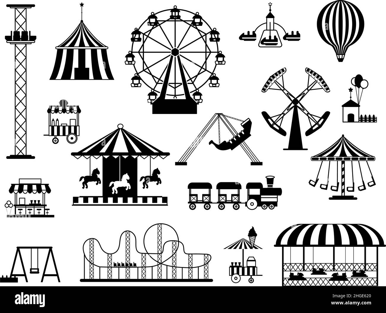 Diversión parque de atracciones de carnaval atracciones y carousels negro siluetas. Tienda de campaña de circo Funfair, columpios, tren y globo aerostático conjunto vectorial Ilustración del Vector